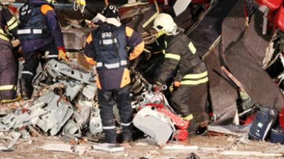 Footage of the shocking crash scene by eyewitness Evgeniy Zambitsky. Image: Emergency Ministry rescuers work on the scene at Vnukovo airport. (RIA Novosti / Press-service of Russian Emergency Situations Ministry)