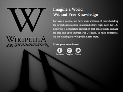 Wikipedia blackout: 24-hour strike against SOPA, PIPA is on