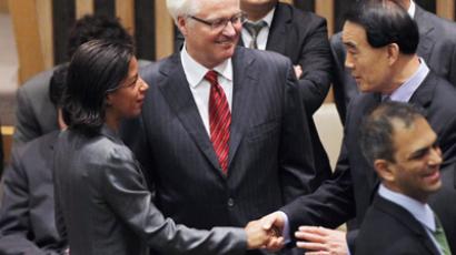 China's Ambassador to the UN Li Baodong (R), Russian Ambassador to the United Nations Vitaly Churkin (C) and US Ambassador to the United Nations Susan Rice at UN headquarters on July 19, 2012 (Mario Tama / Getty Images / AFP) 