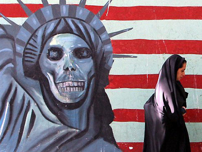 Satirical mural of Statue of Liberty on the wall of the former US Embassy in Tehran