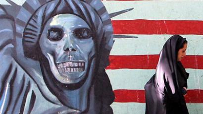 Satirical mural of Statue of Liberty on the wall of the former US Embassy in Tehran