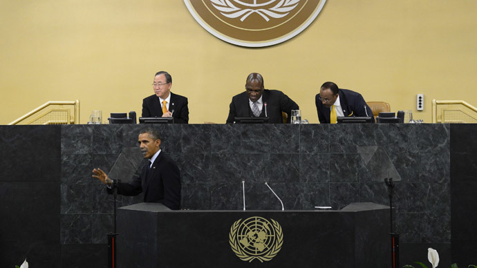 United States President Barack Obama waves after speaking at the 68th United Nations General Assembly on September 24, 2013 in New York City. (Andrew Burton/Getty Images/AFP)